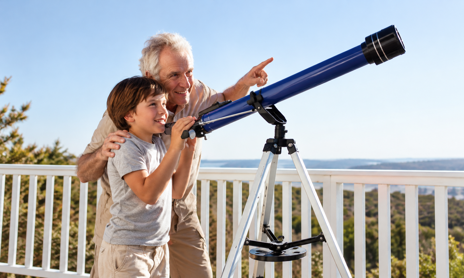 A grandfather and child exploring the sky with a telescope.