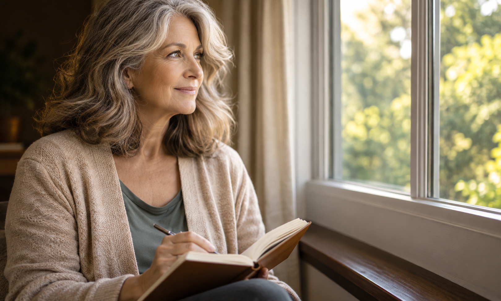A woman reflecting beside a window with an open journal.
