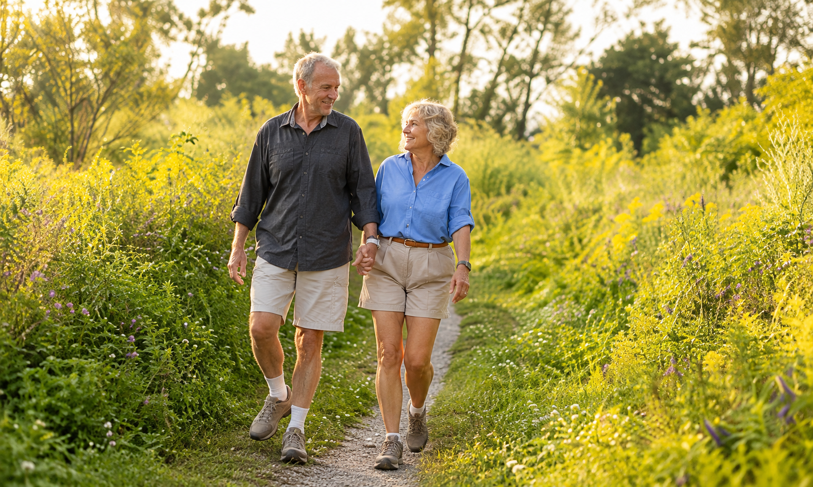 An older couple walking together along a sunlit meadow path.