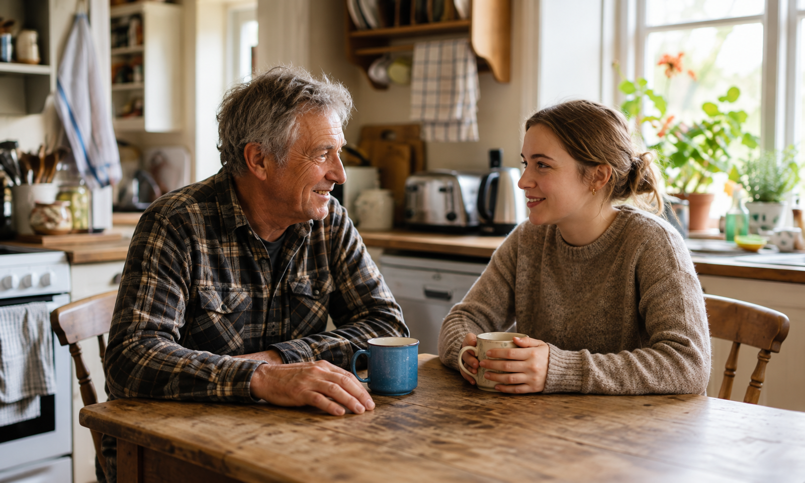 A father and his adult daughter sharing a conversation at a kitchen table.